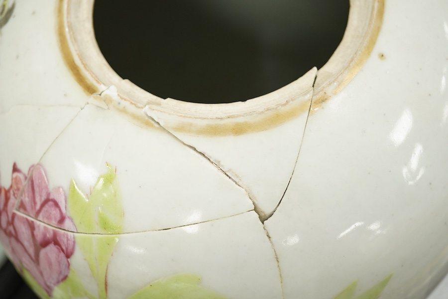 A Chinese famille rose vase and cover on stand, a smaller famille rose vase, vase and cover 50 cm high including stand., Condition - smaller vase in pieces and reglued.